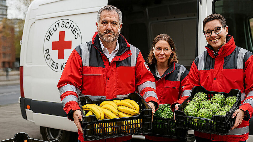 3 Mitarbeiter vom DRK stehen mit Kisten Obst in der Hand vor einem weißen DRK Fahrzeug