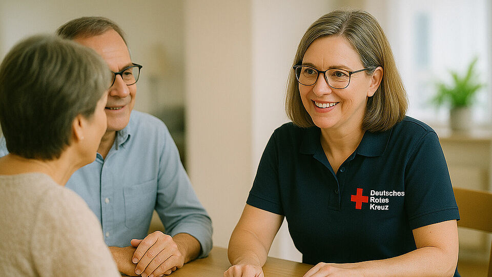 Eine junge Frau im schwarzen DRK T-Shirt reder an einem Tisch mit einer Frau und einem Mann